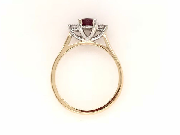 9CT YELLOW AND WHITE GOLD TRILOGY RING CLAW SET NATURAL AFRICAN RUBY AND BRILLIANT CUT DIAMONDS HAND CRAFTED 