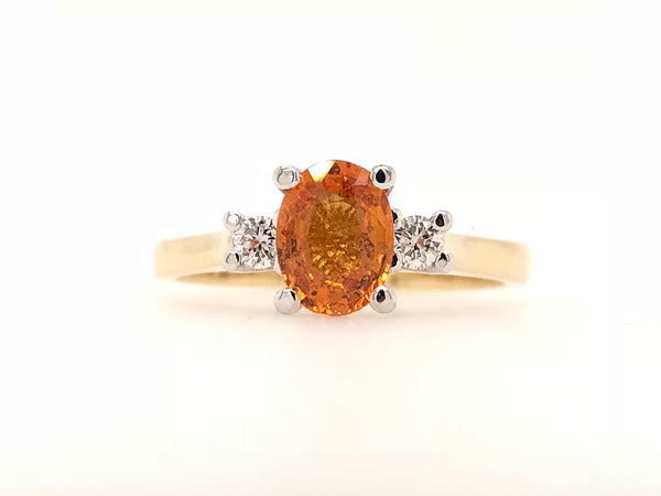 9CT YELLOW AND WHITE GOLD TRILOGY RING CLAW SET OVAL NATURAL ORANGE SAPPHIRE AND BRILLIANT CUT DIAMONDS HAND CRAFTED