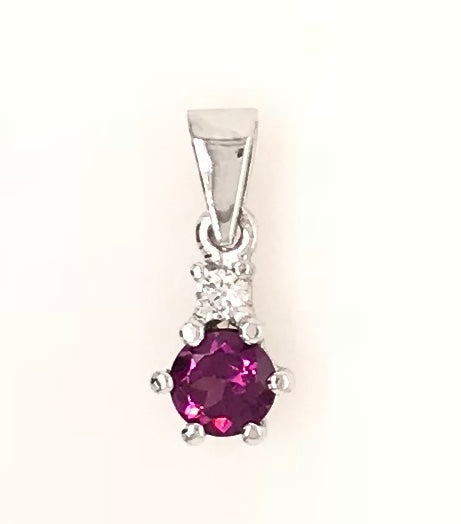 9CT WHITE GOLD PENDANT V BAIL BRILLIANT CUT RHODALITE GARNET AND BRILLIANT CUT DIAMOND CLAW SET HAND CRAFTED