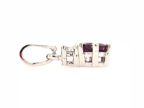 9CT WHITE GOLD PENDANT V BAIL BRILLIANT CUT RHODALITE GARNET AND BRILLIANT CUT DIAMOND CLAW SET HAND CRAFTED