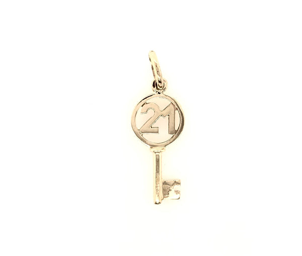 9CT YELLOW GOLD 21ST KEY CHARM ROUND TOP HAND CRAFTED