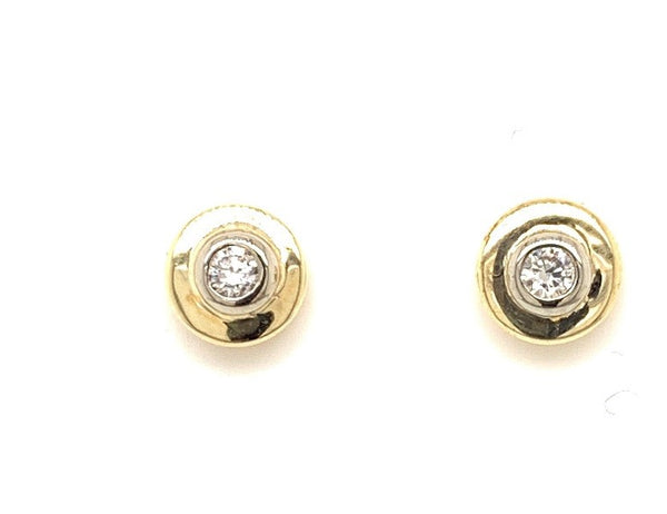9CT YELLOW GOLD FLAT BUBBLE STUD EARRINGS BRILLIANT CUT DIAMONDS BEZEL SET HAND CRAFTED