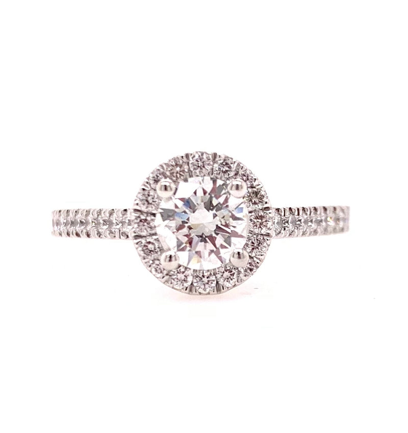 18CT WHITE GOLD ENGAGEMENT RING HALO BRILLIANT CUT DIAMONDS HAND CRAFTED 