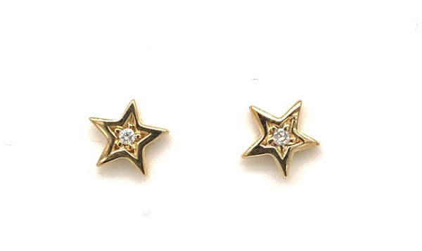 9CT YELLOW GOLD STAR SHAPE EARRINGS GYPSY SET BRILLIANT CUT DIAMONDS HAND CRAFTED