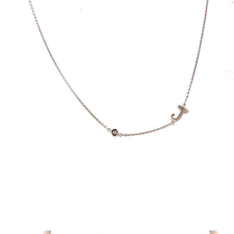 9CT WHITE GOLD NECKLACE BRILLIANT CUT DIAMOND AND INITIAL J 40CM LONG HAND CRAFTED