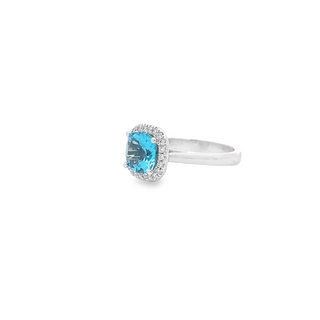 HALO COCKTAIL RING 18CT WHITE GOLD BLUE TOPAZ AND BRILLIANT CUT DIAMONDS CLAW SET HAND CRAFTED