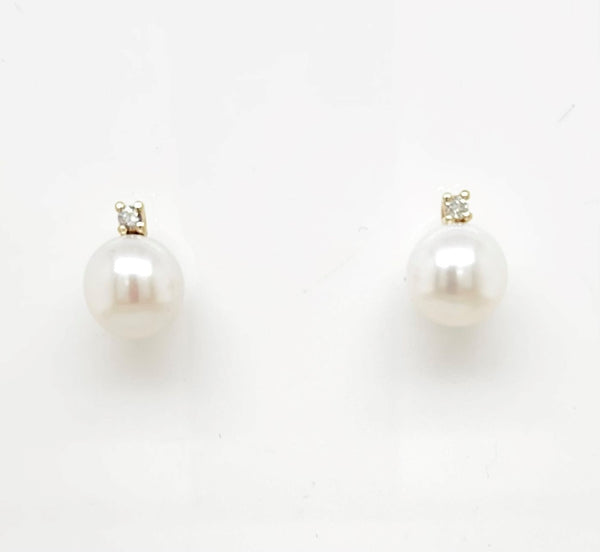 9CT WHITE GOLD STUD EARRINGS FRESH WATER PEARLS AND BRILLIANT CUT DIAMONDS HAND CRAFTED