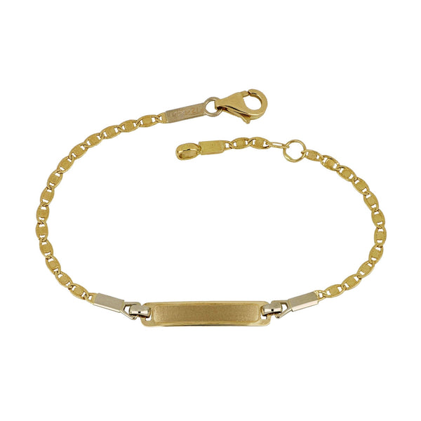 18CT CHILDS ID BRACELET YELLOW AND WHITE GOLD FANCY WHITE GOLD BAR AND BIRDS EYE LINK MADE IN ITALY