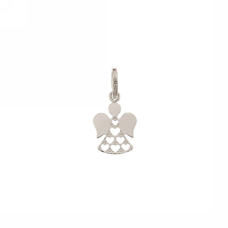 18CT ANGEL PENDANT WHITE GOLD FEATURING 6 CUTOUT HEARTS IN BODY MADE IN ITALY