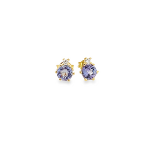 STUD EARRINGS 9CT YELLOW GOLD BRILLIANT CUT DIAMONDS AND TANZANITE CLAW SET HAND CRAFTED