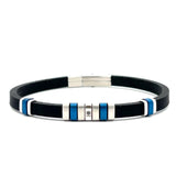 STAINLESS STEEL AND BLACK RUBBER FEATURING STAINLESS STEEL BLACK AND BLUE PLATTED BRACELET WITH EITHER BLUE OR BLACK STONE S