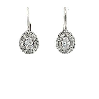 18CT DROP EARRINGS WHITE GOLD PEAR SHAPE DOUBLE HALO CUBIC ZIRCONIA CONTINENTAL CLIP MADE IN ITALY