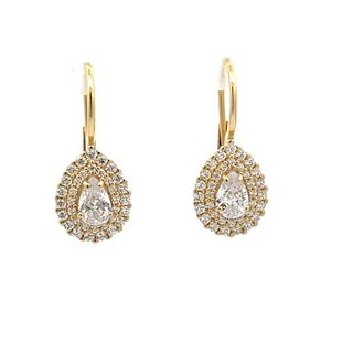 18CT DROP EARRINGS YELLOW GOLD PEAR SHAPE DOUBLE HALO CUBIC ZIRCONIA CONTINENTAL CLIP MADE IN ITALY