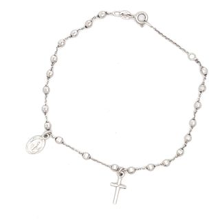18CT ROSARY BRACELET WHITE GOLD DIAMOND FACETED BALLS CROSS AND MIRACULOUS MEDAL MADE IN ITALY