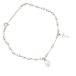 18CT ROSARY BRACELET WHITE GOLD DIAMOND FACETED BALLS CROSS AND MIRACULOUS MEDAL MADE IN ITALY