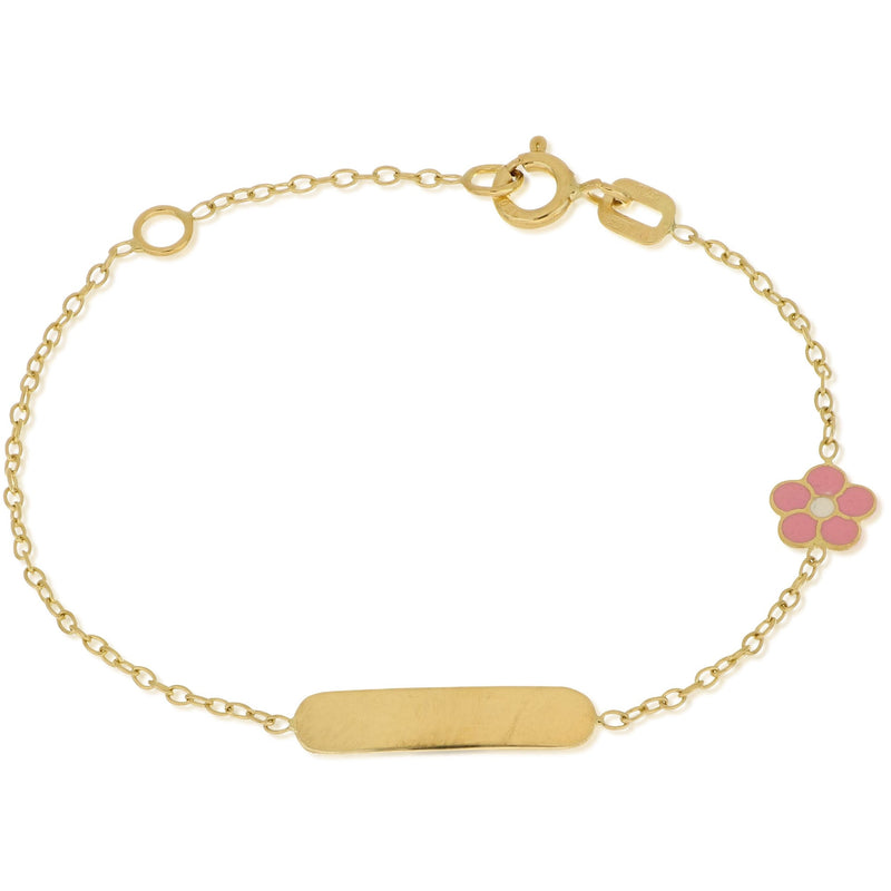 18CT BRACELET YELLOW GOLD BABY ID WITH PINK AND YELLOW FLOWER MADE IN ITALY