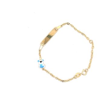 18CT BRACELET YELLOW GOLD BABY ID WITH BLUE AND WHITE TEDDY BEAR MADE IN ITALY