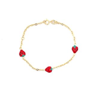 18CT BRACELET YELLOW GOLD WITH 3 STRAWBERRYS ENAMEL ON ONE SIDE ONLY MADE IN ITALY