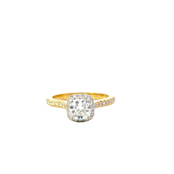 ENGAGEMENT 18CT YELLOW AND WHITE GOLD RING CLAW SET CUSHION CUT LAB GROWN DIAMOND 1CTVS1E AND NATURAL BRILLIANT CUT DIAMONDS 0.36CT HAND CRAFTED BY CRICELLI