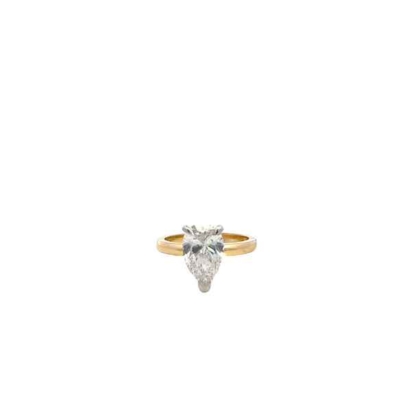 ENGAGEMENT 18CT YELLOW GOLD RING WHITE GOLD SETTING  PEAR SHAPE LAB GROWN DIAMOND  AND 15 NATURAL BRILLIANT CUT DIAMONDS FEATURING UNDER HALO 