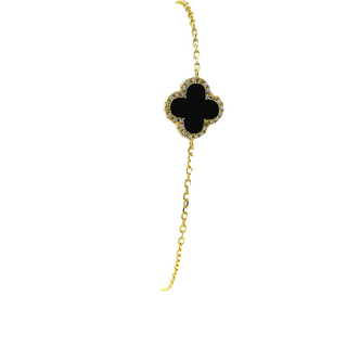 SILVER CLOVER BRACELET GOLD PLATTED FEATURING 1 BLACK CLOVER WITH CUBIC ZIRCONIA AND CUBIC END OF BRACELET MADE IN ITALY