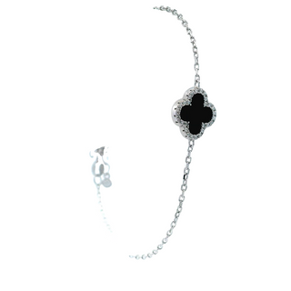 SILVER BRACELET FEATURING CLOVER BLACK WITH CUBIC ZIRCONIA AND CUBIC ON END OF BRACELET MADE IN ITALY