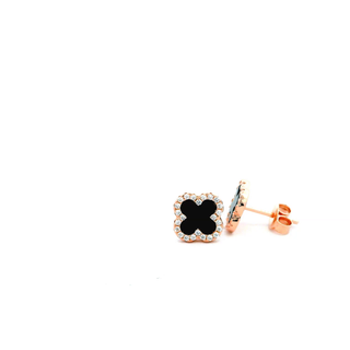 SILVER EARRINGS ROSE GOLD PLATTED CLOVER 10.3MM DESIGN BLACK FEATURING CUBIC ZIRCONIA MADE IN ITALY