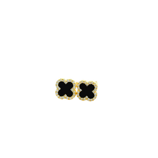 SILVER CLOVER EARRINGS STUD YELLOW GOLD PLATTED FEATURING BLACK CLOVER  10.3MM AND CUBIC ZIRCONIA STONES MADE IN ITALY