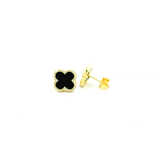 SILVER CLOVER EARRINGS STUD YELLOW GOLD PLATTED FEATURING BLACK CLOVER  10.3MM AND CUBIC ZIRCONIA STONES MADE IN ITALY
