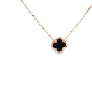 SILVER CLOVER NECKLACE ROSE GOLD PLATTED BLACK CLOVER CUBIC ZIRCONIA STONES 45CM LONG MADE IN ITALY