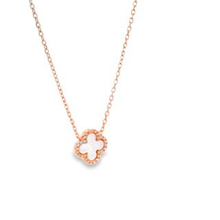 SILVER ROSE GOLD PLATTED CLOVER MOTHER OF PEARL AND CUBIC ZIRCONIA STONES NECKLACE 45CM LONG MADE IN ITALY