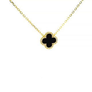 SILVER GOLD PLATTED CLOVER BLACK WITH CUBIC ZIRCONIA STONES NECKLACE 45CM LONG MADE IN ITALY