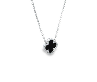 SILVER CLOVER BLACK WITH CUBIC ZIRCONIA STONES NECKLACE 45CM LONG MADE IN ITALY
