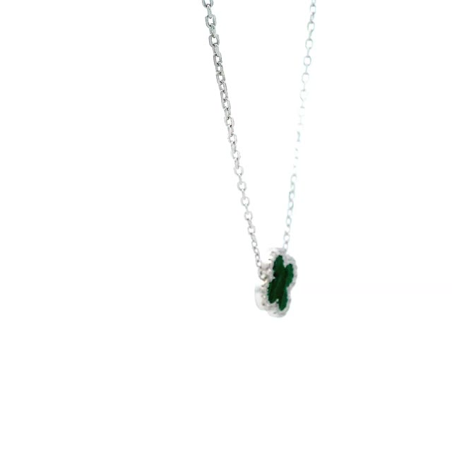 SILVER CLOVER GREEN 11.95MM WITH CUBIC ZIRCONIA STONES NECKLACE 45CM LONG MADE IN ITALY