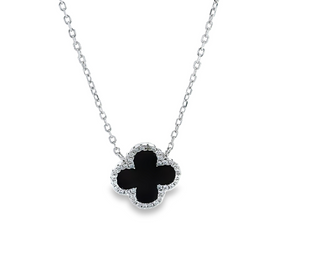 SILVER CLOVER BLACK 13.9MM WITH CUBIC ZIRCONIA STONES NECKLACE 45CM LONG MADE IN ITALY