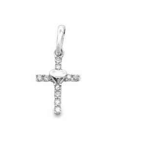 18CT CROSS WHITE GOLD BRILLIANT CUT DIAMONDS CLAW SET WITH WHITE GOLD HEART IN CENTRE IMPORTED