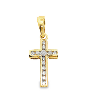 9CT CROSS YELLOW GOLD BRILLIANT CUT DIAMONDS CHANNEL SET IMPORTED 