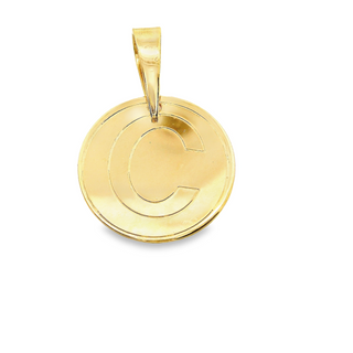 18CT ROUND INITIAL C YELLOW GOLD PENDANT 15MM ROUND PLUS V BAIL HAND CRAFTED