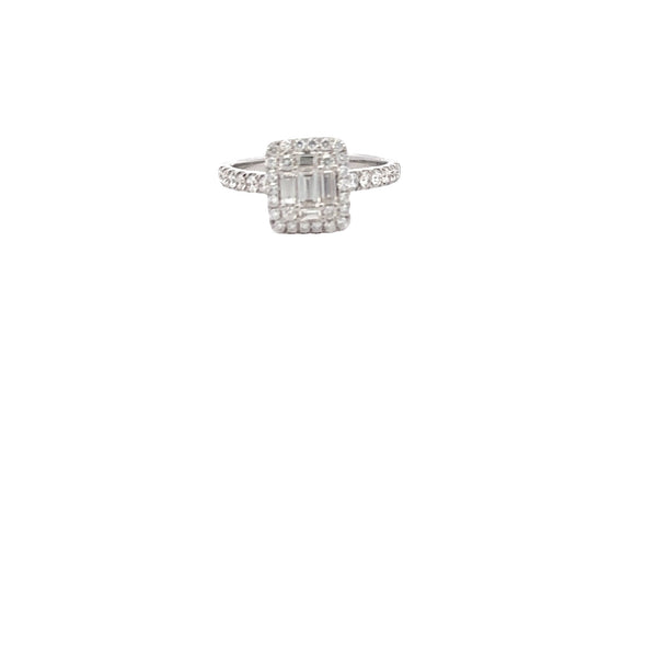 RING 18CT WHITE GOLD DRESS RING CLAW SET NATURAL BRILLIANT AND BAGUETTE CUT DIAMONDS IMPORTED