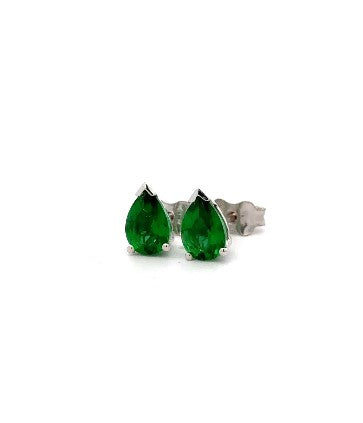 EARRINGS 9CT WHITE GOLD STUD EARRINGS CLAW SET GREEN SYNTHETIC EMERALD PEAR SHAPE 