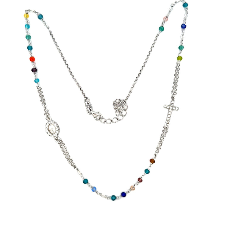 ROSARY S/SILVER 925 GUCCI STYLE COLOURED STONES AND CUBIC ZIRCONIA IN MIRACULOUS AND CROSS ITALIAN MADE