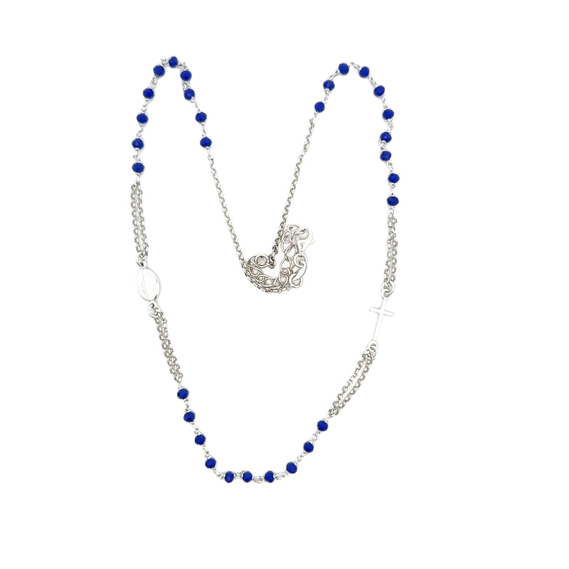ROSARY S/SILVER 925 DG STYLE NAVY BLUE FACETED STONES MIRACULOUS AND CROSS ITALIAN MADE