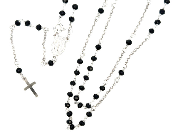 ROSARY S/SILVER 925 NECKLACE BLACK FACETED SYONES mIRACULOUS MEDAL AND CROSS ITALIAN MADE