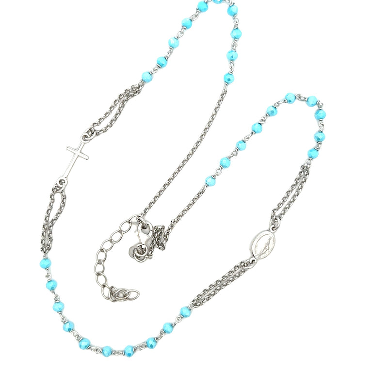 ROSARY S/SILVER 925 NECKLACE DG STYLE LIGHT BLUE FACETED STONES MIRACULOUS AND CROSS ITALIAN MADE