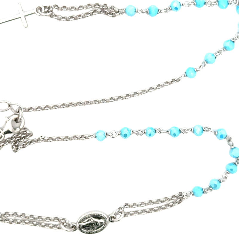 ROSARY S/SILVER 925 NECKLACE DG STYLE LIGHT BLUE FACETED STONES MIRACULOUS AND CROSS ITALIAN MADE