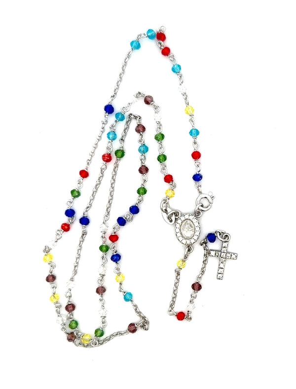 ROSARY S/SILVER MULTI COLOURED FACETED STONES MIRACULOUS AND CROSS WITH CUBIC ZIRCONIA STONES ROSARY NECKLACE MADE IN ITALY