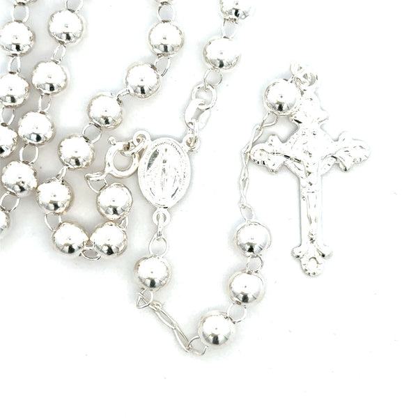 ROSARY S/SILVER PLAIN ROUNG BALLS MIRACULOUS MEDAL AND CROSS ITALIAN MADE