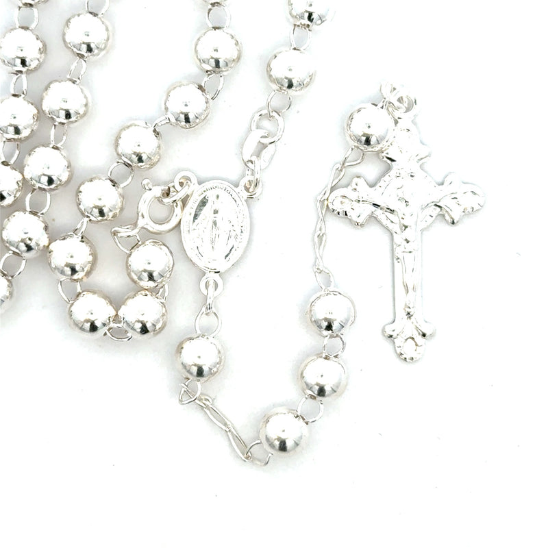 ROSARY S/SILVER PLAIN ROUNG BALLS MIRACULOUS MEDAL AND CROSS ITALIAN MADE