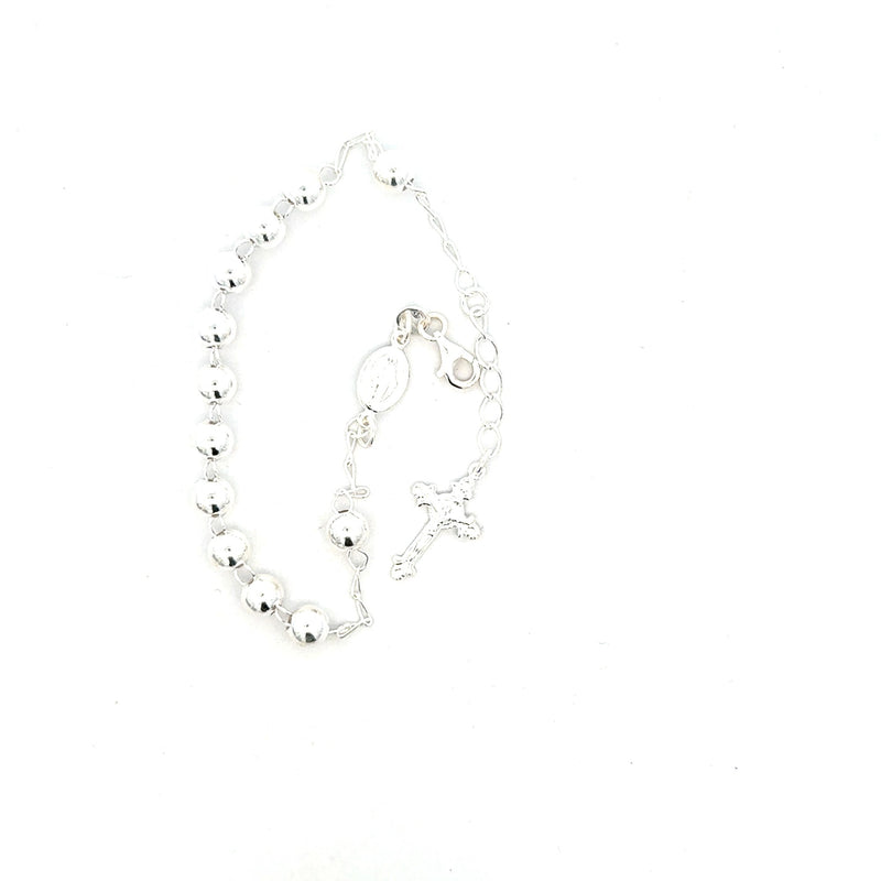 BRACELET S/SILVER ROSARY PLAIN BALLS MIRACULOUS MEDAL AND FANCY CROSS