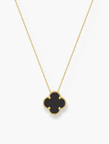 NECKLACE S/SILVER 925 GOLD PLATED CLOVER 15MM PENDANT BLACK ITALIAN MADE 